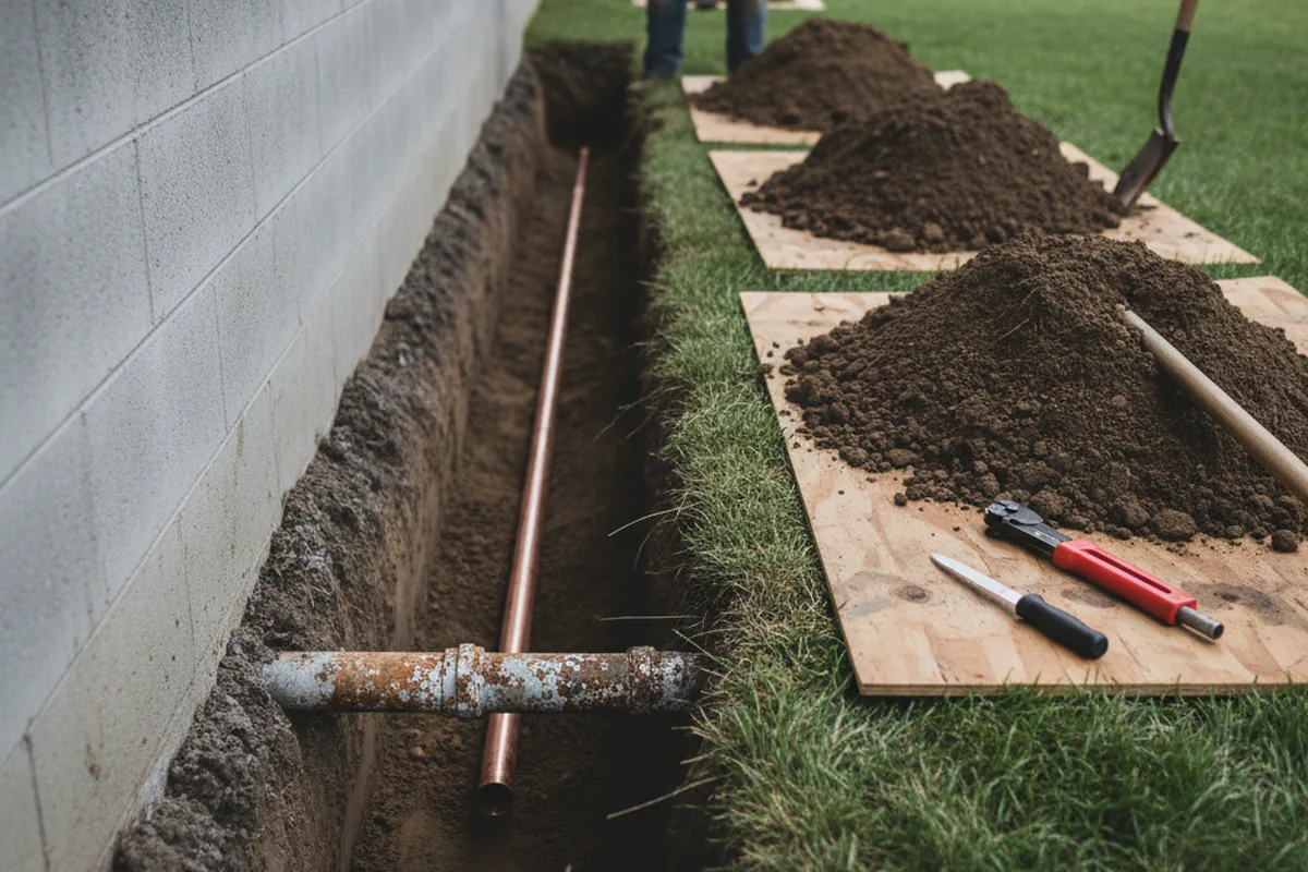 Excavated water line trench during Sewer Line Repair in Montclair